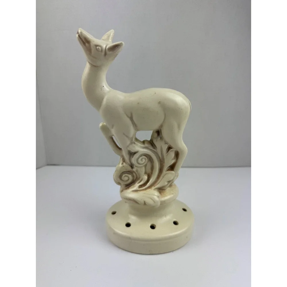 Red Wing Pottery Figural Deer Flower Frog, Art Deco Ivory Ceramic Centerpiece